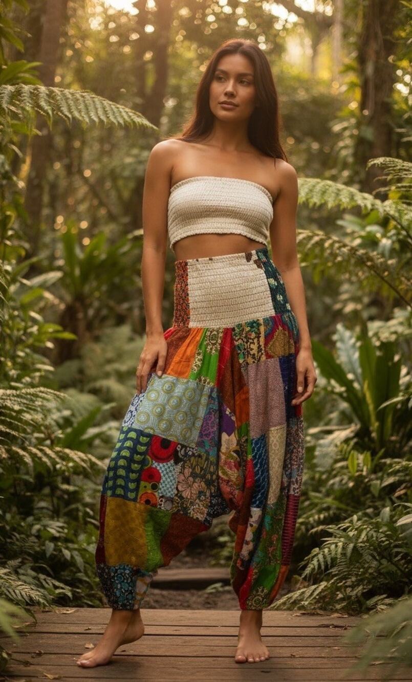 NWOT Tribe Azure S/M 100% Cotton Harem Pants Patchwork Hippie Yoga Boho Hippie